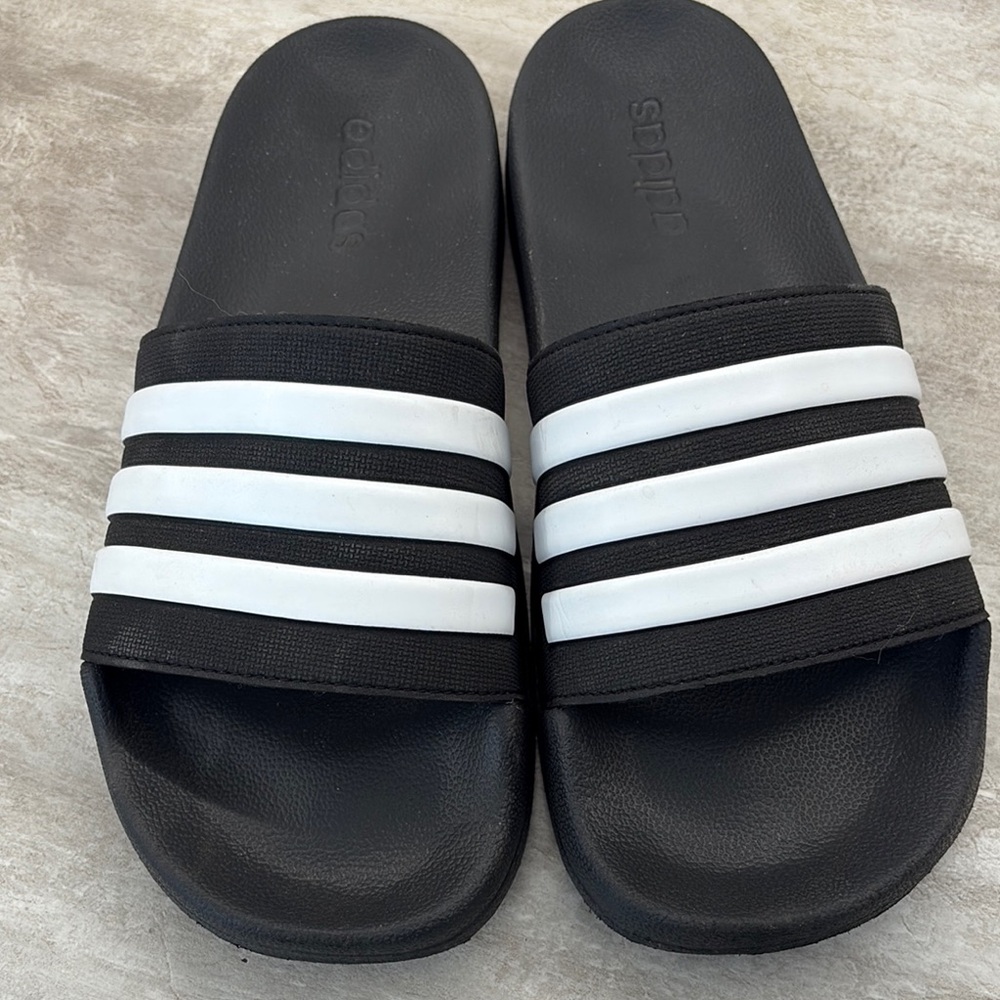 Adidas Black Slides with White Stripes